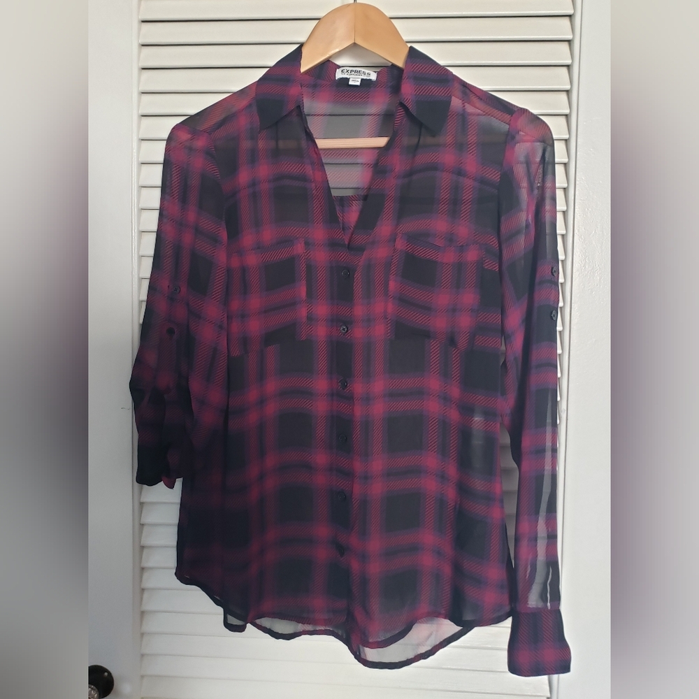 Express Sheer Plaid Button-Down Portofino Shirt Sz S